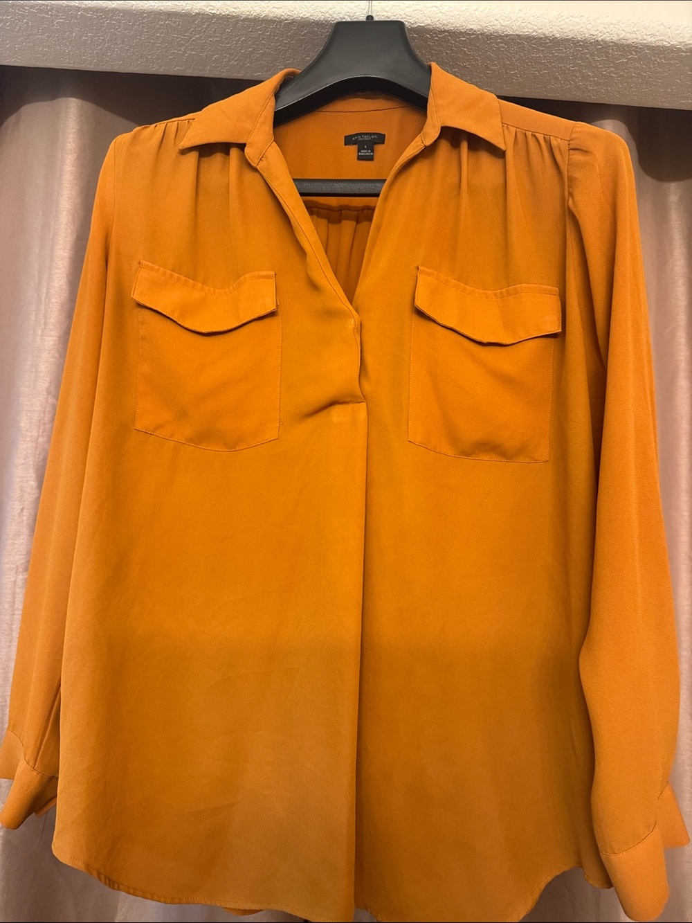 Ann Taylor Mustard Button-Front Blouse with Chest Pockets